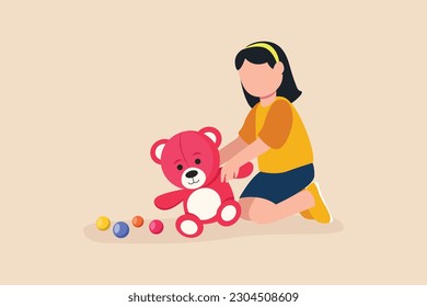 Chica feliz jugando con muñeca. Concepto de niños con juegos educativos. Ilustración vectorial plana aislada.