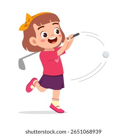 Happy girl playing golf illustration. Cheerful child hitting golf ball. Sport activity.
