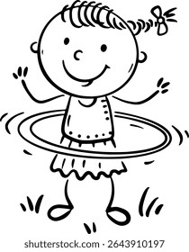 Happy girl playing with a hula hoop. Outline kid clipart