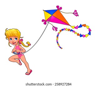 Happy girl is playing with kite. Cartoon vector isolated character.