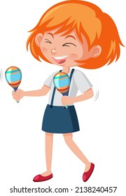 A happy girl playing maracas on white background illustration