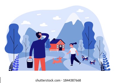 Happy girl playing in mountain village with dog. Cow, house, milk flat vector illustration. Countryside and nature concept for banner, website design or landing web page