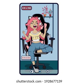 Happy girl playing online. Online streaming concept - Vector