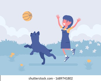 Happy girl playing with pet dog friend outdoors. Kid and playful puppy enjoy fresh air activity, having fun in sport game for ball jump exercise in a green park. Vector illustration
