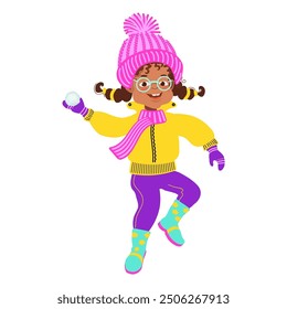 Happy girl playing snowballs. Winter outdoor activity. Child in bright winter clothes. Cartoon kid isolated on a white background. Hand-drawn flat vector illustration.