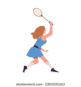 Happy girl playing tennis. Side view of smiling young woman training with racket on court cartoon vector illustration