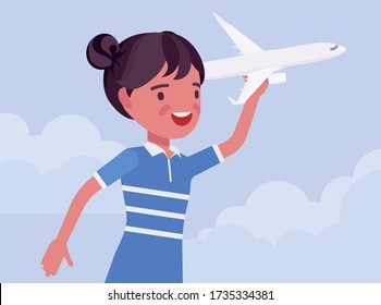 Happy girl playing with a toy airplane. Young pilot flying an aircraft, child running holding aero plane in hand, enjoy jet model, creative playtime for kids. Vector flat style cartoon illustration