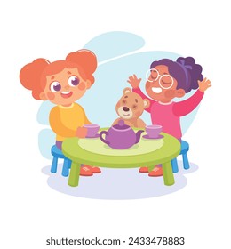 Happy Girl Playing Toy Tea Game Having Fun Vector Illustration