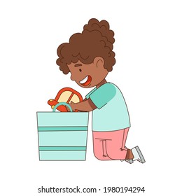 Happy Girl Playing Toys in the Nursery Taking Car Out of Box Vector Illustration