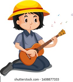 Happy girl playing ukulele on white background illustration