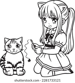 Happy girl plays with a cat. Coloring book for children