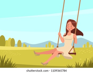 Happy girl plays on the swing character vector design.