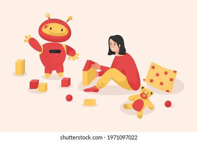 Happy girl plays with toy cubes and robotic nanny sitting on floor. Child building from blocks with robot babysitter. Smart home concept. Vector character illustration isolated on white background