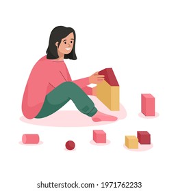 Happy girl plays with toy cubes and sitting on floor scene. Child building from blocks in playroom . Childhood, games and entertainment. Vector character illustration isolated on white background