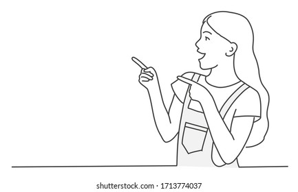 Happy girl pointing finger on copy space. Contour drawing vector illustration. Line art.