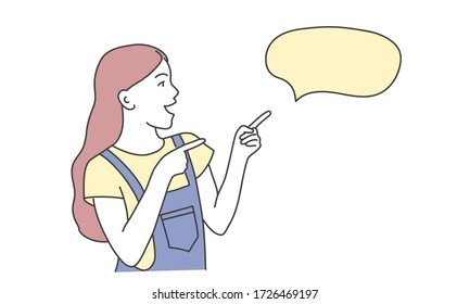 Happy girl pointing finger on speech bubble. Hand drawn vector illustration.