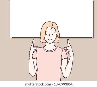 Happy girl pointing fingers up at copy space. Hand drawn in thin line style, vector illustration.