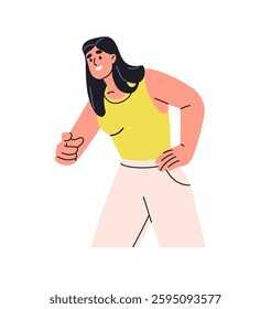 Happy girl points at you. Joyful young woman shows forward. Smiling person chooses with index finger, indicates on choice with hand gesture. Flat isolated vector illustrations on white background