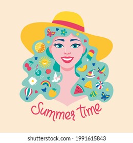 Happy girl portrait. Woman face. Summer time concept with simbols of season rest: travelling, beach, fruits. Vector illustration, character. Poster, card, print, shopping bag, flyer, shopping bag