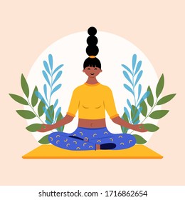 Happy girl pose yoga. Female doing yoga exercise, sport activity concept, flat design template of woman do workout with leaves. Isolated vector illustration