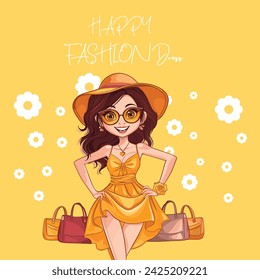 A happy girl posing for happy fashion wearing a yellow dress vector