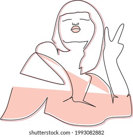 Happy girl posing, pointing up 2 fingers. Victory hand sign. Vector illustration for: stickers, posters, banners
