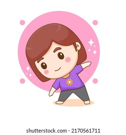 Happy girl practicing yoga. Woman doing gymnastic. chibi cartoon character. Vector art illustration