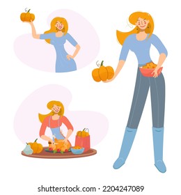 Happy girl is preparing for the holidays Halloween, Thanksgiving day. The woman is busy with household chores. The blonde is preparing a festive dinner. Vector isolated illustration, set flat style