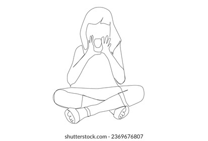 A happy girl pretends to shout out joy. One line art style on a white background.