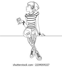 Happy girl with prosthetic legs drinking coffee and enjoying life Line art drawing vector illustration.Young disabled woman with a prosthetic lower limb.Modern disabled people.New technologies