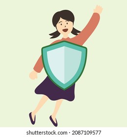 Happy girl with protecting shield. Flat style vector illustration of people doing activity 
