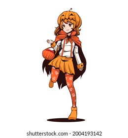 Happy Girl With Pumpkin Costum Ready For Halloween Party