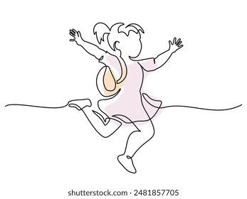 Happy girl pupil with backpack running and jumping. Continuous one line drawing. Vector illustration. Education and back to school concept for logo, card, banner, poster flyer