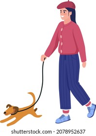 Happy girl with puppy semi flat color vector character. Walking figure. Full body person on white. Winter season isolated modern cartoon style illustration for graphic design and animation