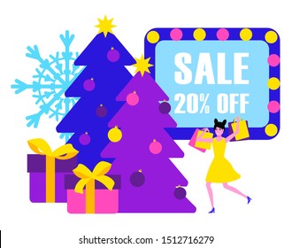 Happy girl with purchases standing near Christmas trees and gift boxes below. Xmas or New Year illustration for discount card, website landing page or mobile app. Colorful vector in flat style