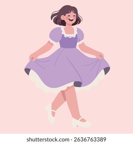 Happy Girl in Purple Dress Twirling and Smiling