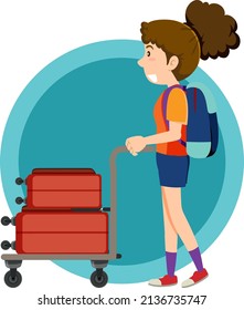 Happy girl pushing cart with luggages illustration