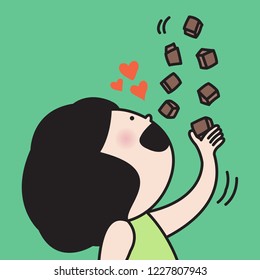 Happy Girl Putting Chocolate Candies In Her Opened Mouth Concept Card Character illustration