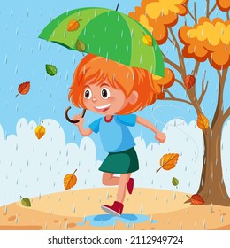 Happy girl in rain with umbrella illustration