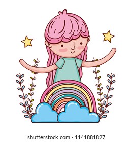 happy girl with rainbow clouds and branches