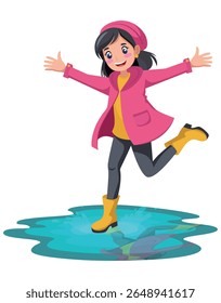 Happy Girl in Raincoat Jumping in Puddle