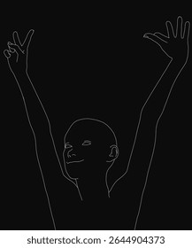 Uma menina feliz levanta as mãos em uma silhueta preta e branca lúdica contra um fundo escuro, expressando pura alegria. A composição minimalista destaca seu espírito despreocupado com forte contraste.