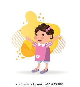 Happy girl raising hands greeting someone. Little kid with bow and in pink dress. Childhood concept. Vector illustration can be used for topics like daughter, greeting, gesturing