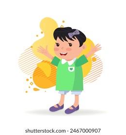 Happy girl raising hands greeting someone. Little kid with short black hair and in green dress. Childhood concept. Vector illustration can be used for topics like daughter, greeting, gesturing