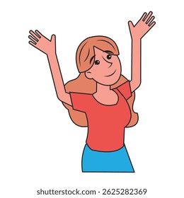 Happy girl raising hands. Vector illustration