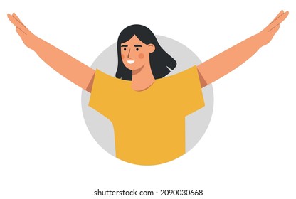 Happy girl raising her hands up in joy. The concept of freedom, victory, triumph, optimism, enjoying life. Flat vector illustration isolated on white background.
