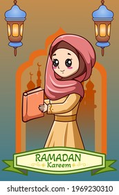 Happy girl in ramadan kareem cartoon illustration