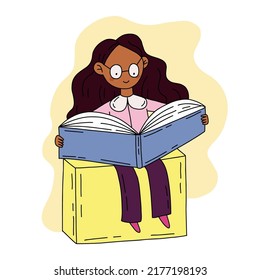 La chica feliz lee libros y estudia. De vuelta a la escuela ilustración plana de vector dibujada a mano en estilo doodle aislado en fondo blanco.