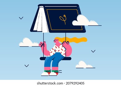 Happy girl reader fly on book as parachute enjoy literature. Smiling young woman dive into new world or horizons reading fairytale or novel. Education and self-development. Vector illustration. 