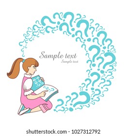 Happy girl reading book alone isolated on a white background. Getting an education. Book with many questions. Mathematics. vector illustration